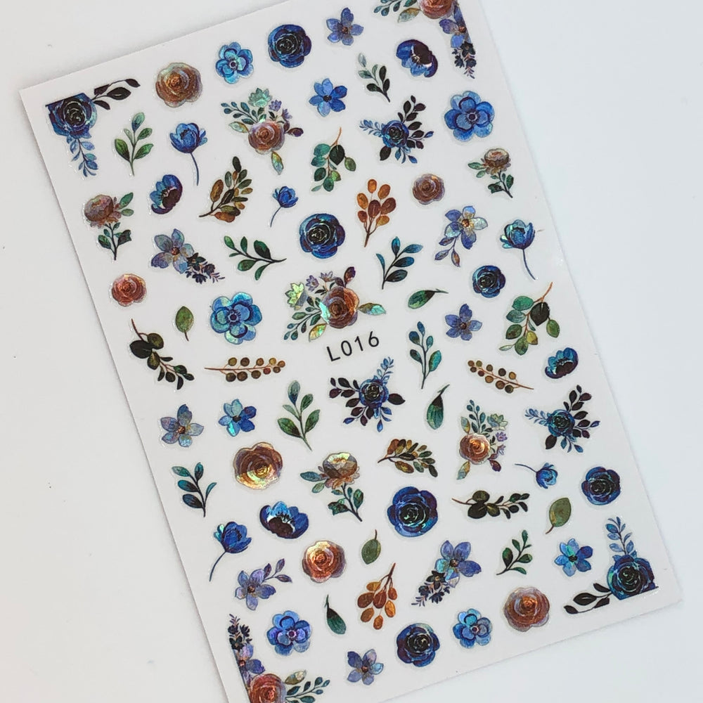 L016 - Blue & Gold Holo Flowers- Sticker Decal