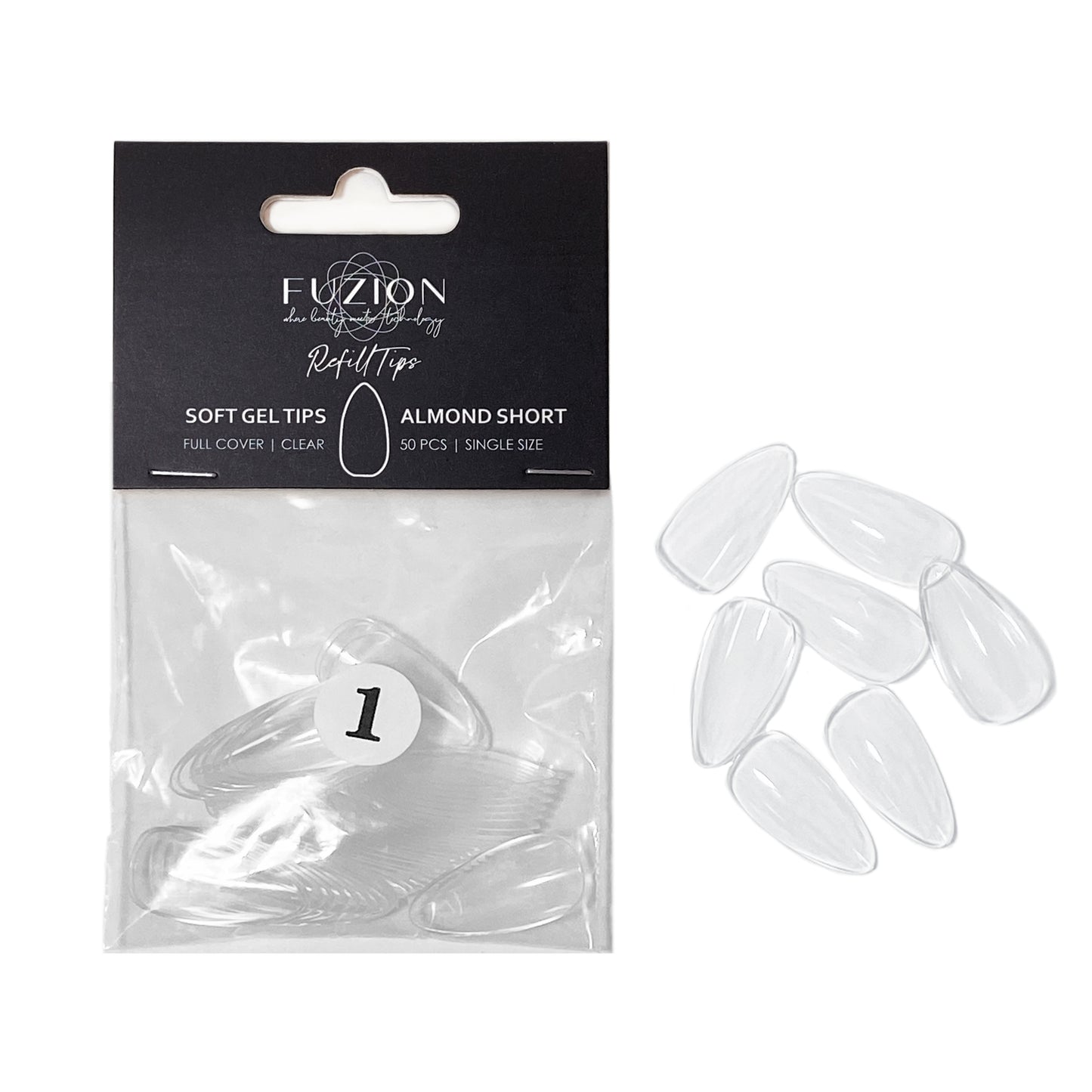 
                  
                    Soft Gel Tips ~ Almond Short Clear Sizes 0-11 | Fuzion Gel 50pk
                  
                