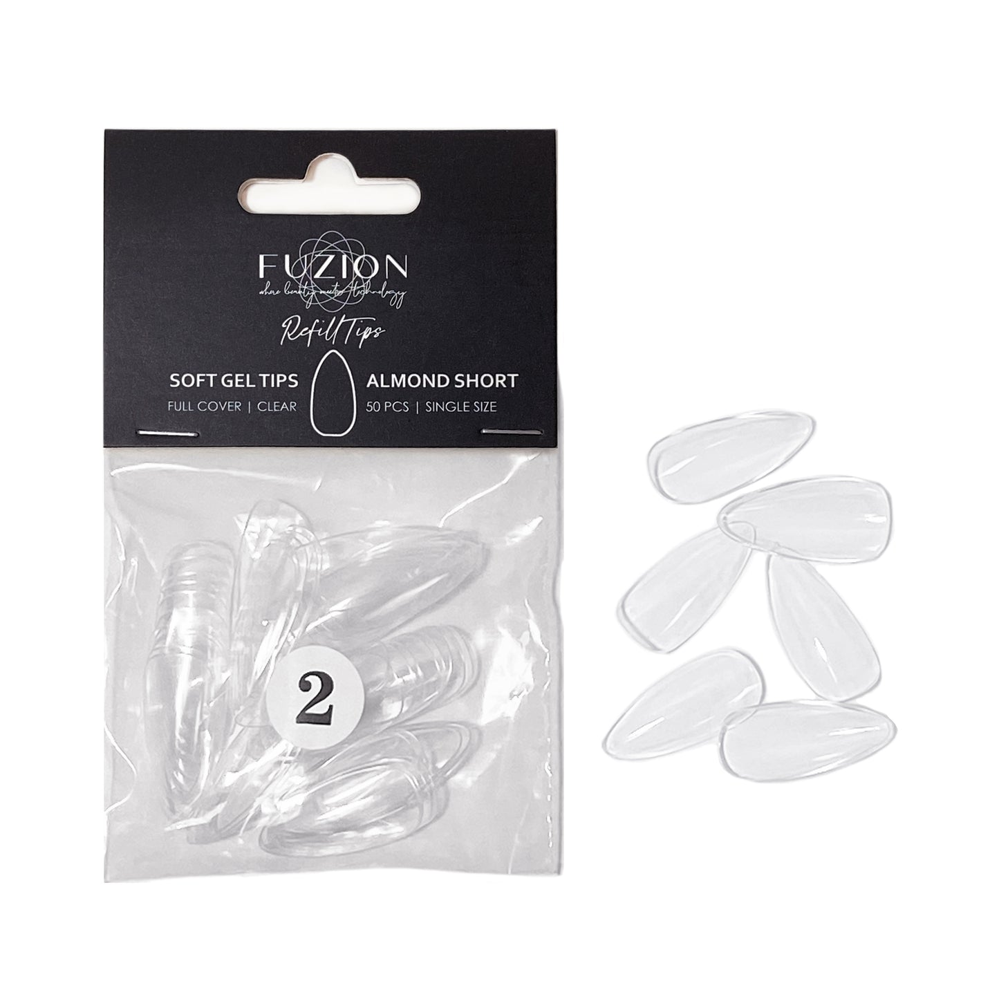 
                  
                    Soft Gel Tips ~ Almond Short Clear Sizes 0-11 | Fuzion Gel 50pk
                  
                