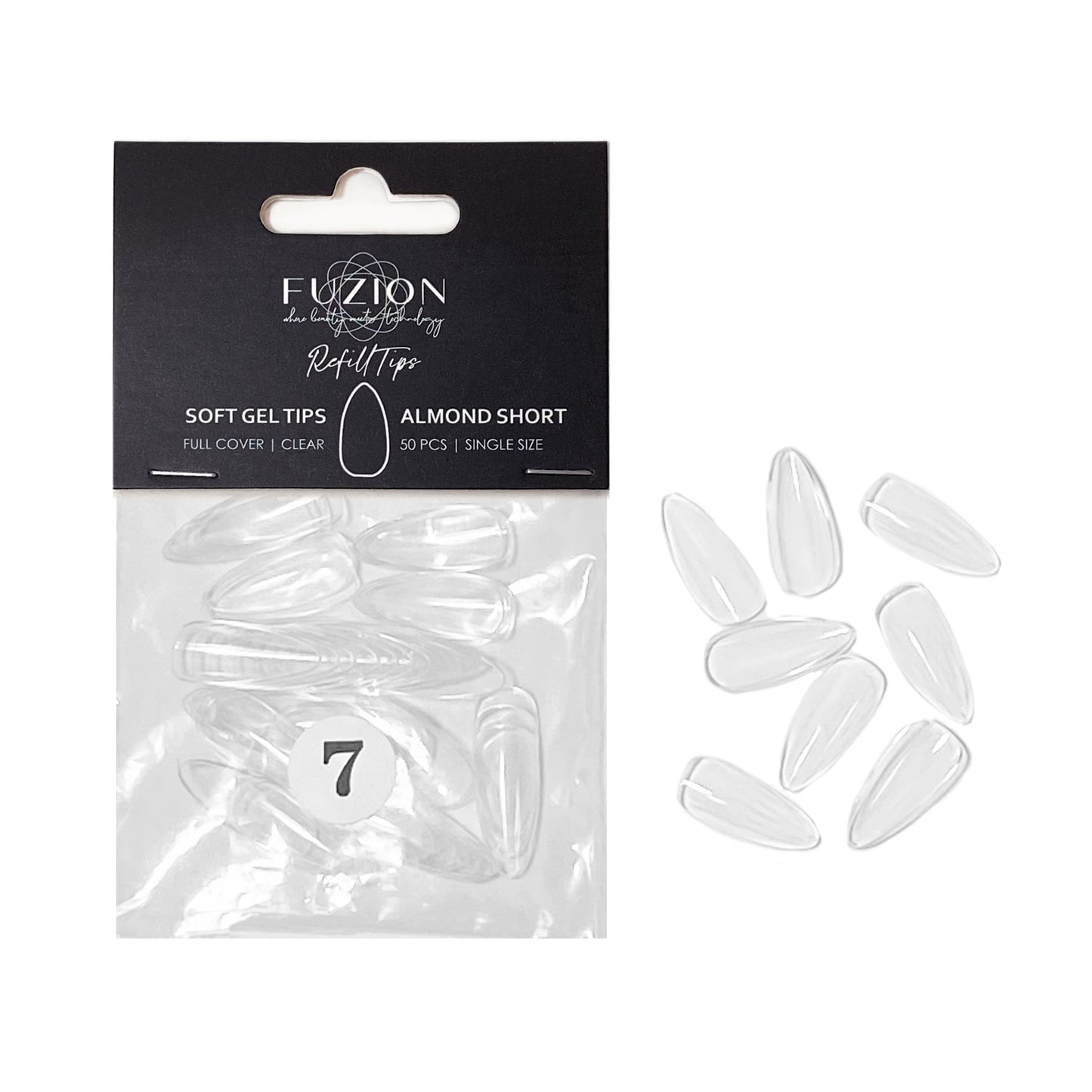 
                  
                    Soft Gel Tips ~ Almond Short Clear Sizes 0-11 | Fuzion Gel 50pk
                  
                